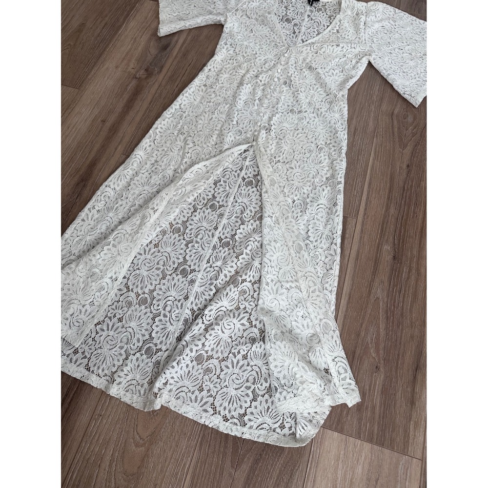 Something Navy Lace Bell Sleeve Button Front Maxi Dress S Romantic Fairy Sheer